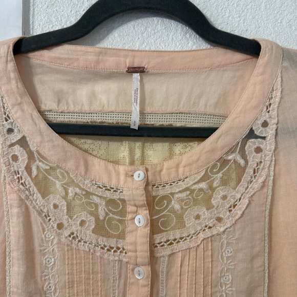 Free People Peach Lace Pintuck Boho Tunic Blouse Cotton Ruffle Hem Womens S - Picture 2 of 6